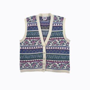 Vintage Floral Fair Isle Sweater Vest M Rosette Button Front Cottagecore Grandma
